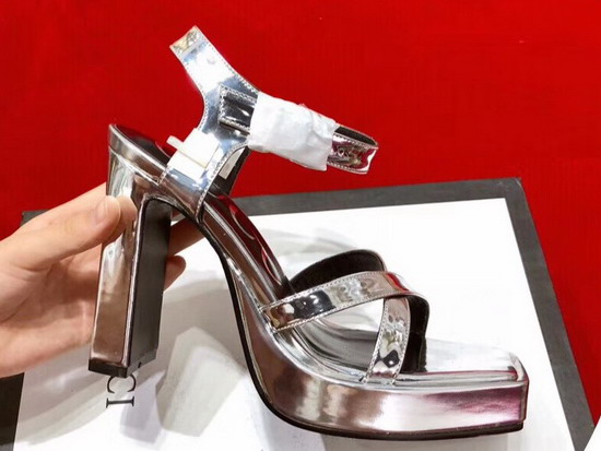 Gucci High Heel Leather Sandal Plain Toe Metallic Silver