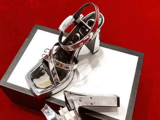 Gucci High Heel Leather Sandal Plain Toe Metallic Silver