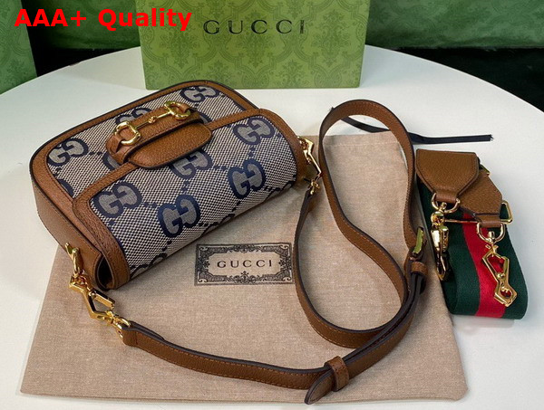 Gucci Horsebit 1955 Mini Bag in Beige and Blue Jumbo GG Canvas Replica