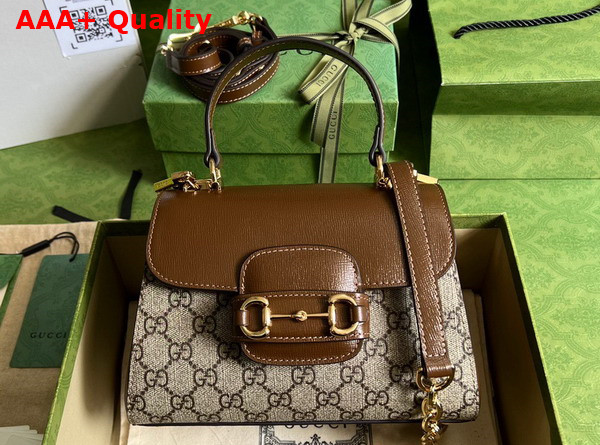 Gucci Horsebit 1955 Mini Bag in Light Brown Leather and Beige Ebony GG Supreme Canvas 703848 Replica