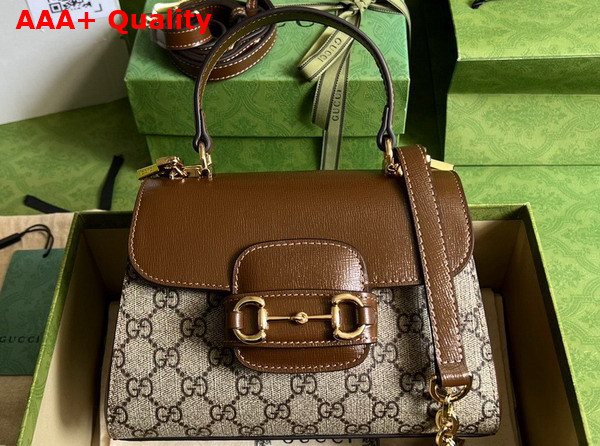 Gucci Horsebit 1955 Mini Bag in Light Brown Leather and Beige Ebony GG Supreme Canvas 703848 Replica