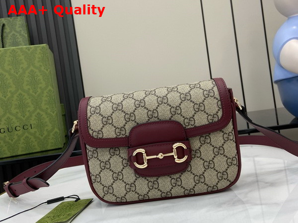 Gucci Horsebit 1955 Mini Shoulder Bag in Beige and Brown GG Canvas with Rosso Ancora Red Leather Trim 815205 Replica