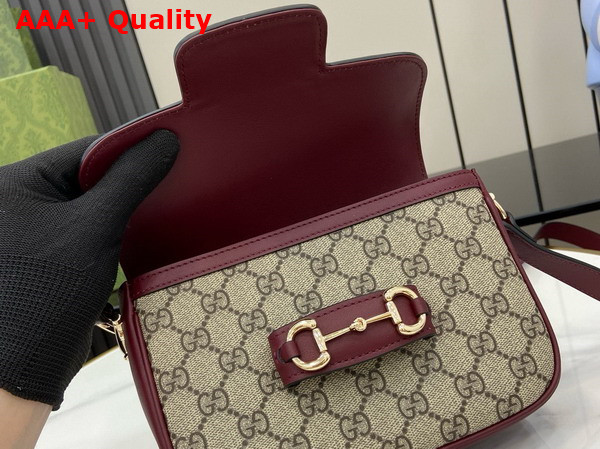 Gucci Horsebit 1955 Mini Shoulder Bag in Beige and Brown GG Canvas with Rosso Ancora Red Leather Trim 815205 Replica