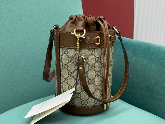 Gucci Horsebit 1955 Small Bucket Bag GG Supreme Canvas with Brown Leather Trim 637115 Replica