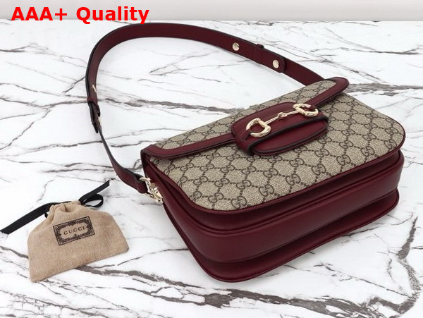 Gucci Horsebit 1955 Small Shoulder Bag Beige Ebony GG Supreme Canvas and Red Leather Trim 602204 Replica