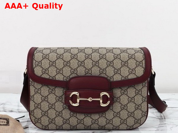 Gucci Horsebit 1955 Small Shoulder Bag Beige Ebony GG Supreme Canvas and Red Leather Trim 602204 Replica