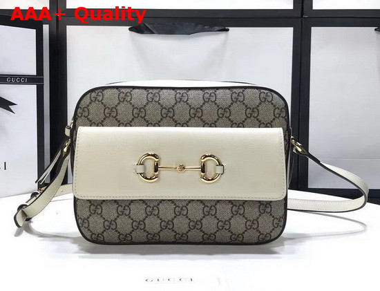 Gucci Horsebit 1955 Small Shoulder Bag Beige and Ebony GG Supreme Canvas White Leather Details 645454 Replica