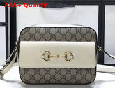 Gucci Horsebit 1955 Small Shoulder Bag Beige and Ebony GG Supreme Canvas White Leather Details 645454 Replica