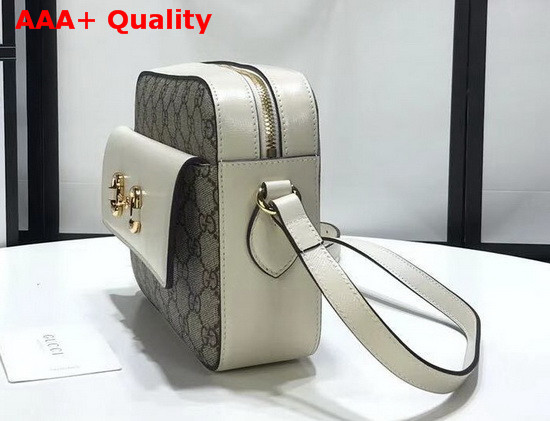 Gucci Horsebit 1955 Small Shoulder Bag Beige and Ebony GG Supreme Canvas White Leather Details 645454 Replica