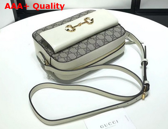 Gucci Horsebit 1955 Small Shoulder Bag Beige and Ebony GG Supreme Canvas White Leather Details 645454 Replica