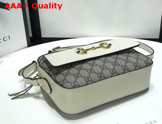 Gucci Horsebit 1955 Small Shoulder Bag Beige and Ebony GG Supreme Canvas White Leather Details 645454 Replica