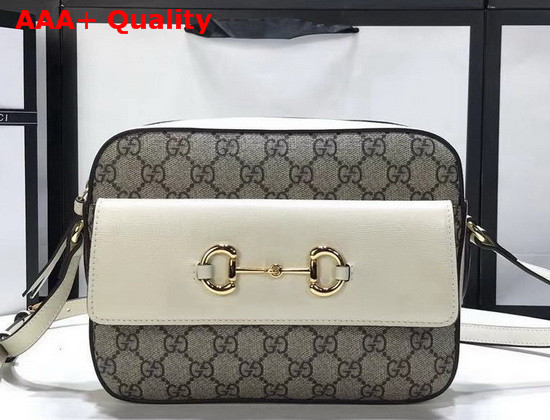 Gucci Horsebit 1955 Small Shoulder Bag Beige and Ebony GG Supreme Canvas White Leather Details 645454 Replica