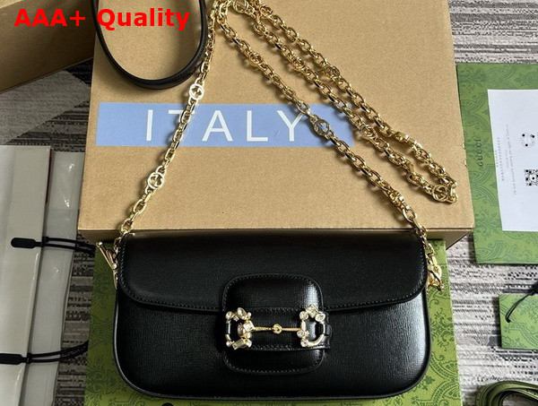 Gucci Horsebit 1955 Small Shoulder Bag in Black Leather with Gold Toned Crystal Hardware 735178 Replica