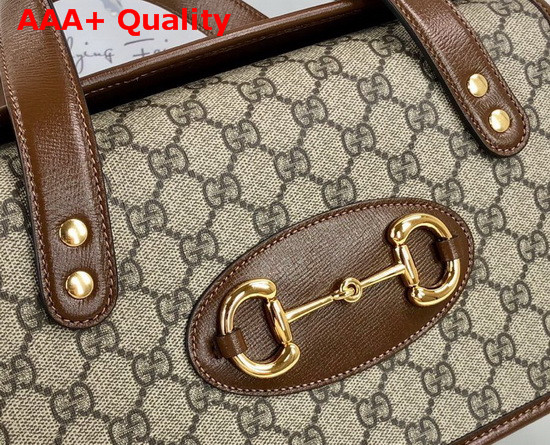 Gucci Horsebit 1955 Small Top Handle Bag Beige Ebony GG Supreme Canvas with Brown Textured Leather Trim 627323 Replica