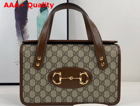 Gucci Horsebit 1955 Small Top Handle Bag Beige Ebony GG Supreme Canvas with Brown Textured Leather Trim 627323 Replica