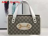 Gucci Horsebit 1955 Small Top Handle Bag Beige Ebony GG Supreme Canvas with White Textured Leather Trim 627323 Replica