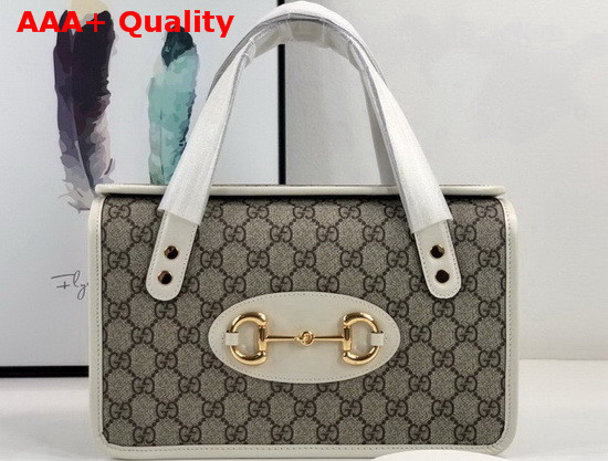 Gucci Horsebit 1955 Small Top Handle Bag Beige Ebony GG Supreme Canvas with White Textured Leather Trim 627323 Replica