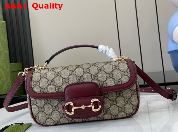 Gucci Horsebit 1955 Small Top Handle Bag in Beige and Ebony GG Supreme Canvas and Rosso Ancora Red Leather Trim 815206 Replica