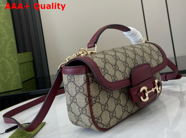 Gucci Horsebit 1955 Small Top Handle Bag in Beige and Ebony GG Supreme Canvas and Rosso Ancora Red Leather Trim 815206 Replica