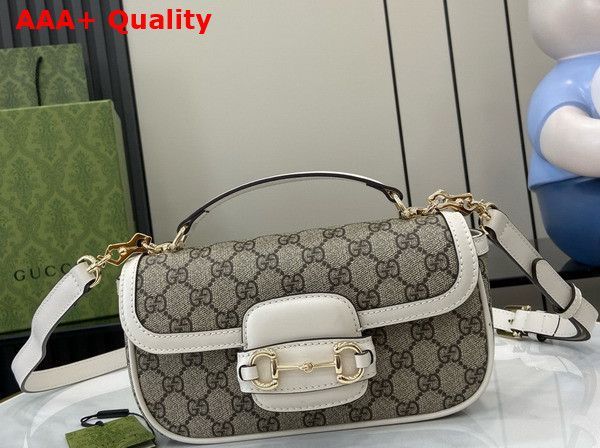 Gucci Horsebit 1955 Small Top Handle Bag in Beige and Ebony GG Supreme Canvas and White Leather Trim 815206 Replica