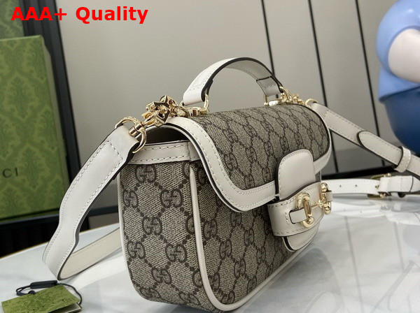 Gucci Horsebit 1955 Small Top Handle Bag in Beige and Ebony GG Supreme Canvas and White Leather Trim 815206 Replica