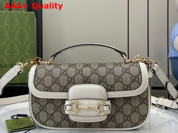 Gucci Horsebit 1955 Small Top Handle Bag in Beige and Ebony GG Supreme Canvas and White Leather Trim 815206 Replica