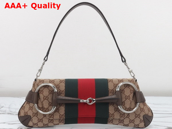 Gucci Horsebit Chain Medium Shoulder Bag in Beige and Ebony Original GG Canvas 764255 Replica