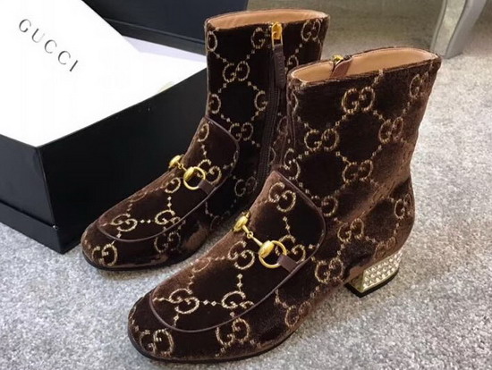 Gucci Horsebit GG Velvet Boot with Crystals Brown GG Velvet