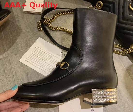 Gucci Horsebit Leather Ankle Boot in Black Leather with Crystals on The Heel Replica