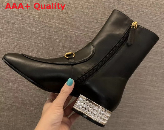 Gucci Horsebit Leather Ankle Boot in Black Leather with Crystals on The Heel Replica