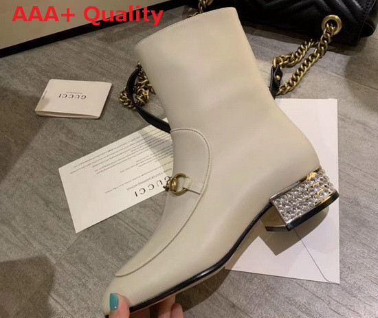 Gucci Horsebit Leather Ankle Boot in White Leather with Crystals on The Heel Replica