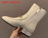 Gucci Horsebit Leather Ankle Boot in White Leather with Crystals on The Heel Replica