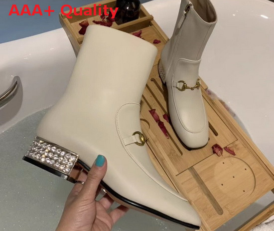 Gucci Horsebit Leather Ankle Boot in White Leather with Crystals on The Heel Replica