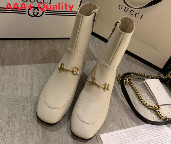 Gucci Horsebit Leather Ankle Boot in White Leather with Crystals on The Heel Replica