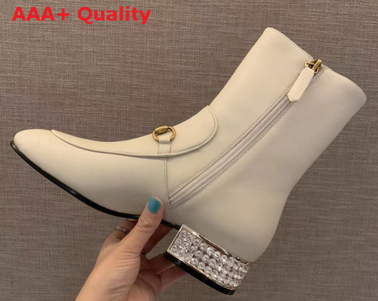 Gucci Horsebit Leather Ankle Boot in White Leather with Crystals on The Heel Replica