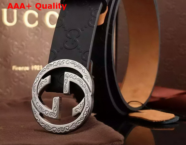 Gucci Interlocking G Buckle Belt Black Embossed Leather Replica