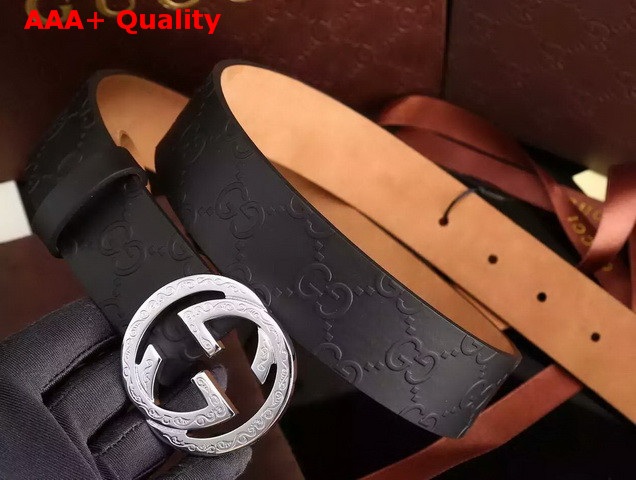 Gucci Interlocking G Buckle Belt Black Embossed Leather Replica