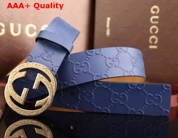 Gucci Interlocking G Buckle Belt Blue Leather Gold Buckle Replica