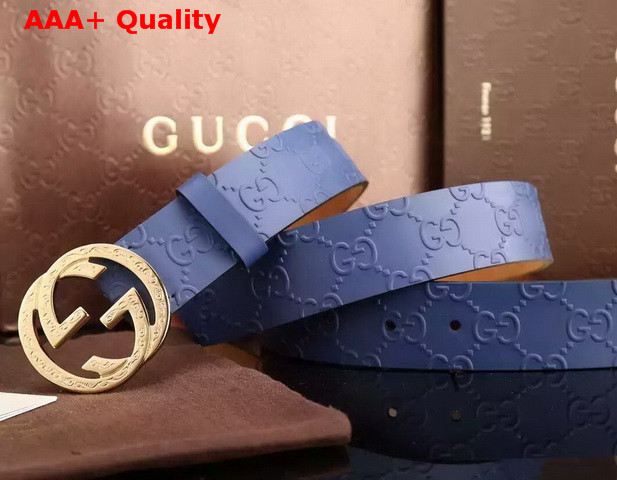 Gucci Interlocking G Buckle Belt Blue Leather Gold Buckle Replica