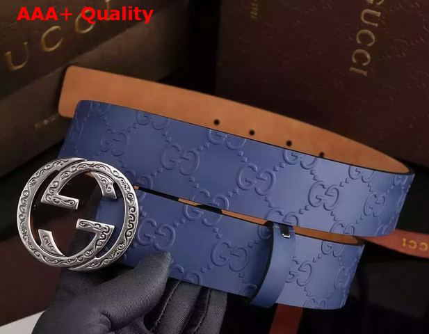 Gucci Interlocking G Buckle Belt Blue Leather Silver Buckle Replica