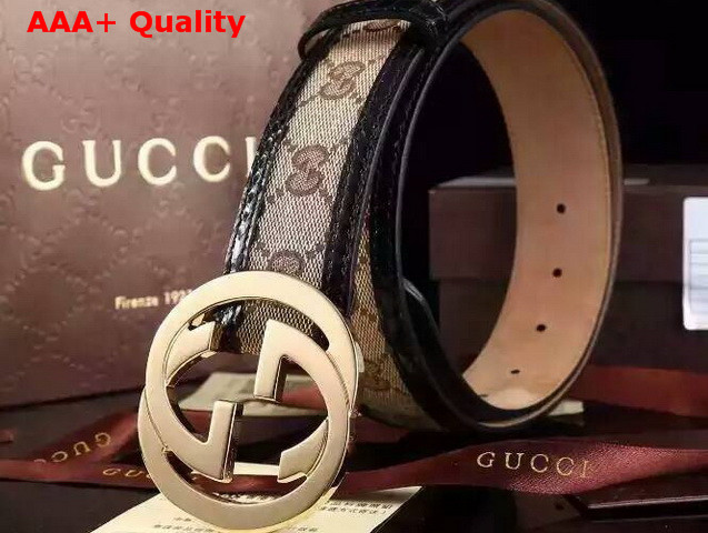 Gucci Interlocking G Buckle Belt Brown Canvas with Black Leather Trim Replica