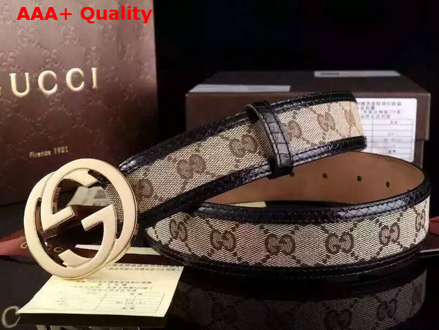 Gucci Interlocking G Buckle Belt Brown Canvas with Black Leather Trim Replica