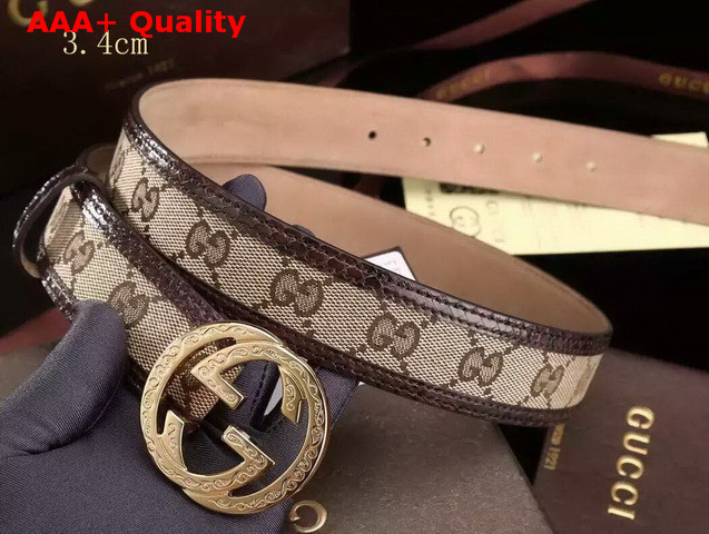 Gucci Interlocking G Buckle Belt Brown Canvas with Brown Leather Trim Replica