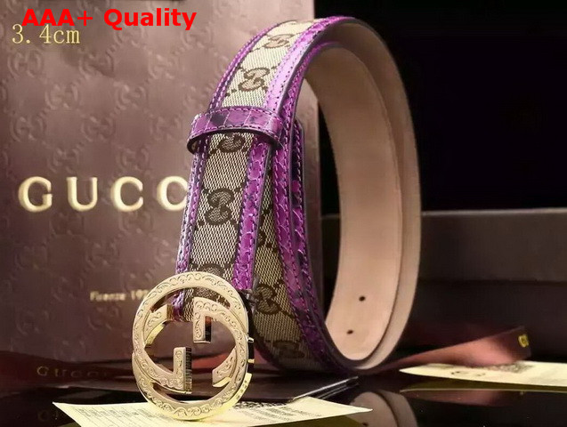 Gucci Interlocking G Buckle Belt Brown Canvas with Purple Leather Trim Replica