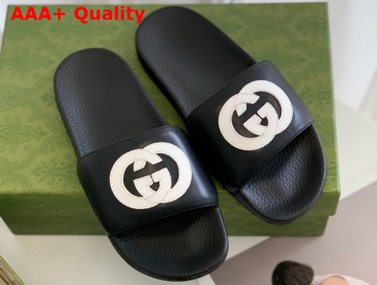 Gucci Interlocking G Leather Slide Sandal Black and White Leather 645770 Replica