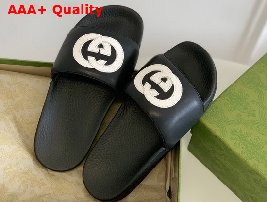 Gucci Interlocking G Leather Slide Sandal Black and White Leather 645770 Replica