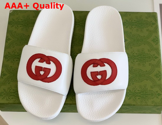 Gucci Interlocking G Leather Slide Sandal White and Red Leather 645770 Replica