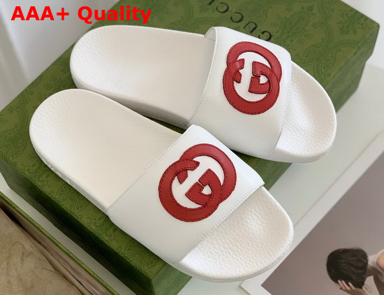 Gucci Interlocking G Leather Slide Sandal White and Red Leather 645770 Replica