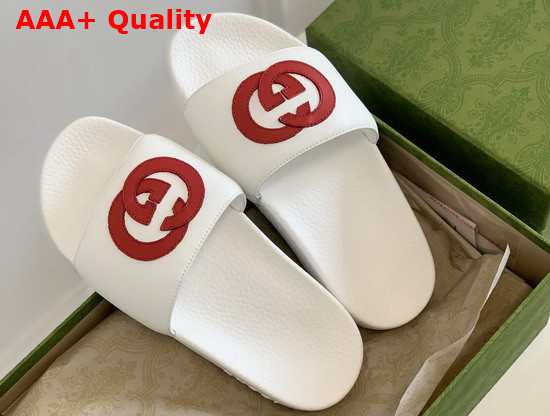 Gucci Interlocking G Leather Slide Sandal White and Red Leather 645770 Replica