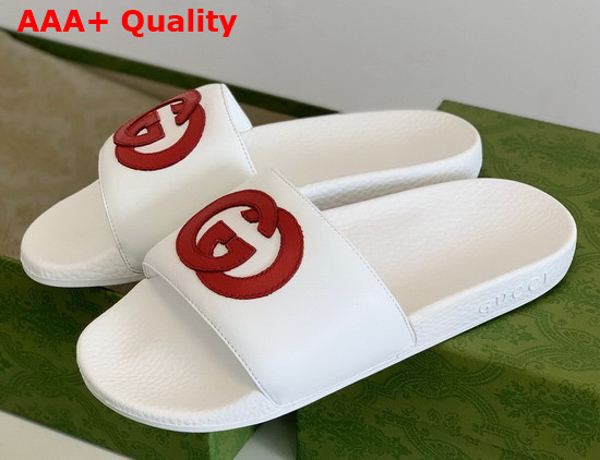 Gucci Interlocking G Leather Slide Sandal White and Red Leather 645770 Replica